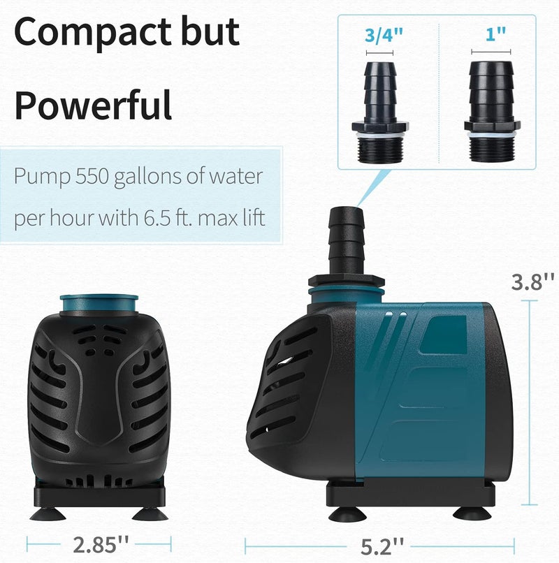 Uniclife Aquarium 550 GPH Submersible and Inline Water Pump 45W 6.5ft High Lift AC 120 V Quiet Compact Return Pump with 6 ft. Power Cord for Fish Tanks Pond Waterfalls Fountains Sumps and Gardens - Image 5